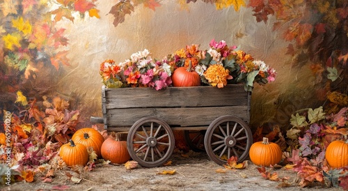Autumn harvest display with a wooden cart, pumpkins, and colorful foliage in ...