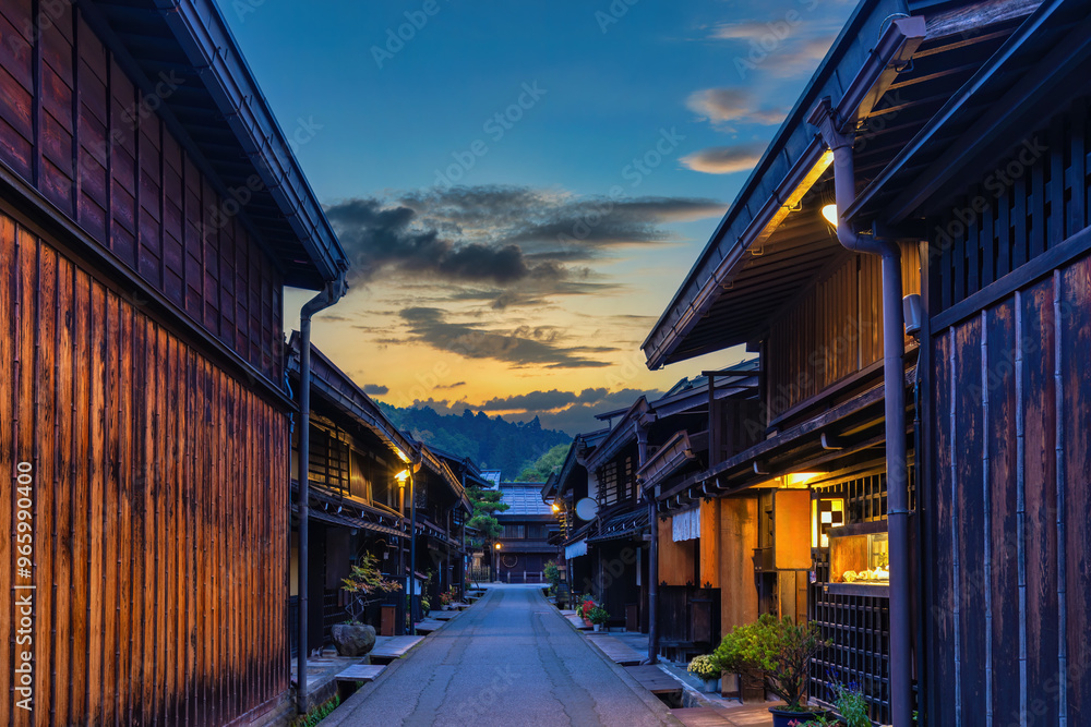 Takayama Gifu Japan, sunrise city skyline at Takayama old town Sannomachi street in autumn season Takayama Gifu Japan, sunrise city skyline at Takayama old town Sannomachi street in autumn season