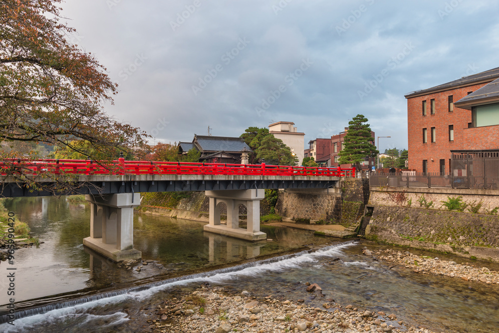Takayama Gifu Japan at Nakabashi red bridge and Miyagawa river in autumn season
