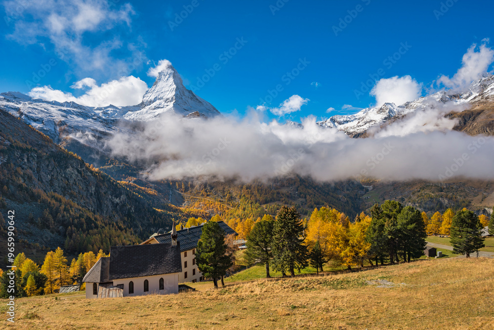 Zermatt Switzerland nature landscape of Matterhorn mountain peak at Riffelalp in Autumn Season