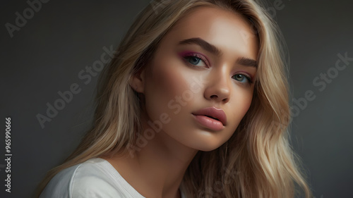 Portrait of a woman with blonde hair and blue eyes making direct eye contact, perfect for beauty or lifestyle concepts.