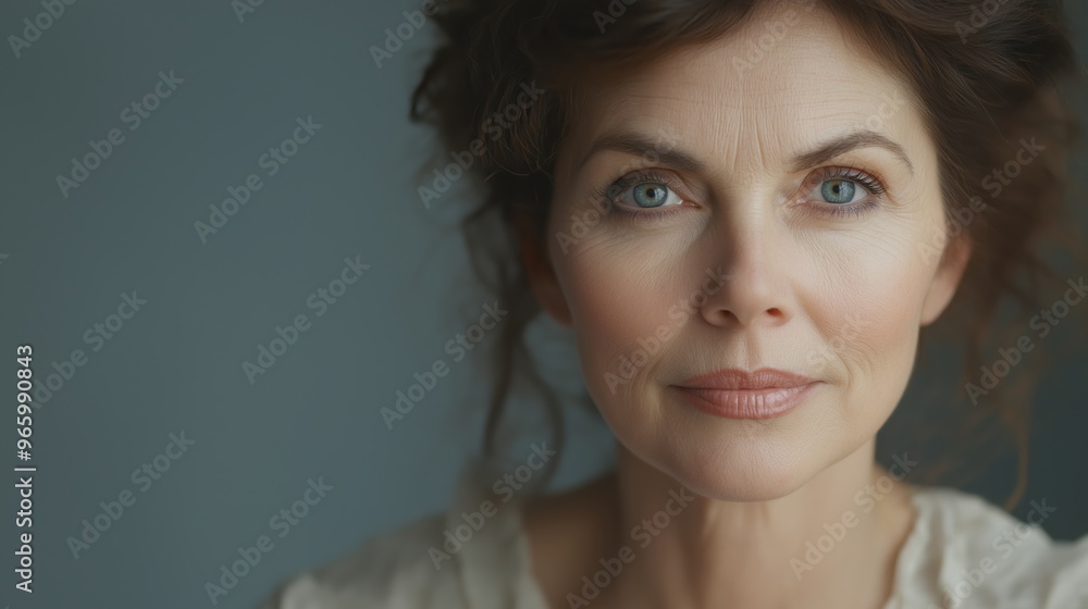 Fototapeta premium A woman with a blue eye shadow and a white shirt. She has a serious look on her face