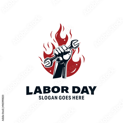 Labor hand holding a spanner labor tool and fire logo