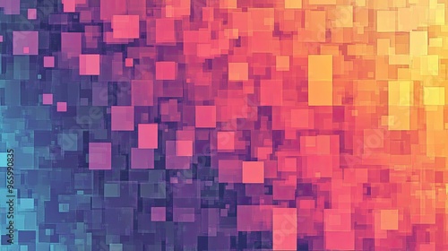 An abstract pattern of colorful pixelated squares fading into gradients, representing digital art and modern technology.