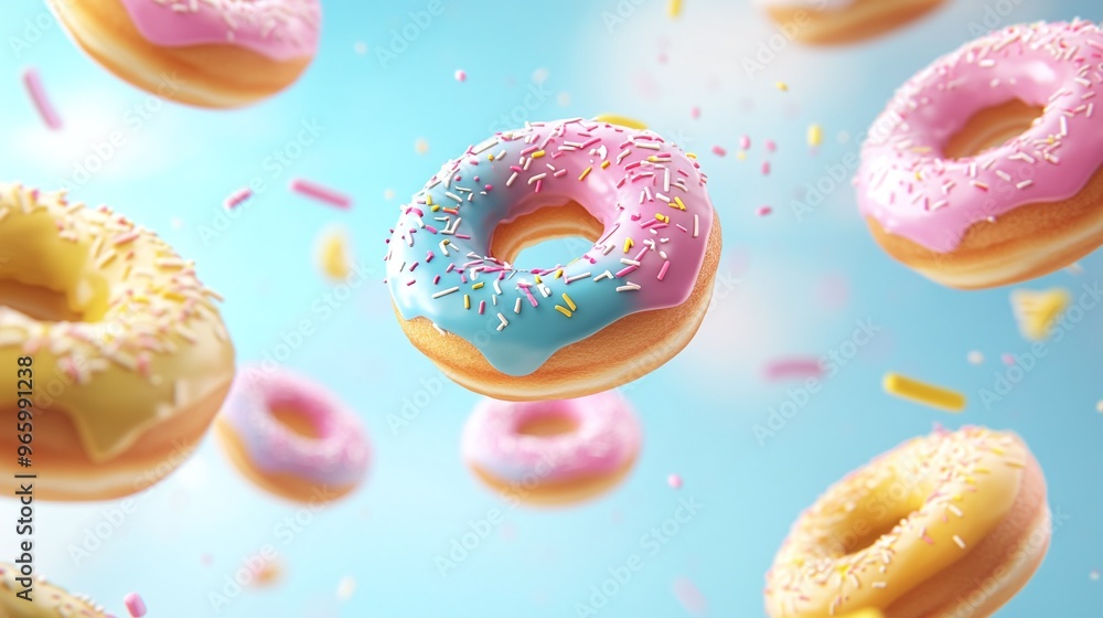 flying multicolored donuts on pastel background vibrant and fun dessert pattern with colorful glazed doughnuts perfect for bakery snacks whimsical sweet treats and playful design concepts flying multicolored donuts on pastel background vibrant and fun dessert pattern with colorful glazed doughnuts perfect for bakery snacks whimsical sweet treats and playful design concepts