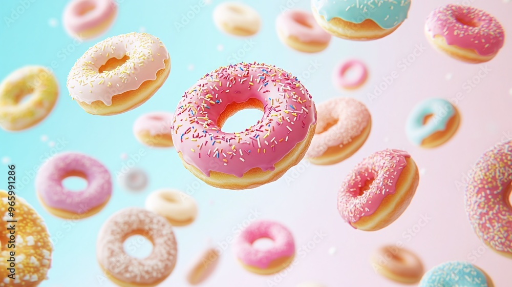 flying donuts in a mix of vibrant multicolored doughnuts on a pastel background perfect for sweet glazed dessert treats whimsical bakery snacks and playful food designs flying donuts in a mix of vibrant multicolored doughnuts on a pastel background perfect for sweet glazed dessert treats whimsical bakery snacks and playful food designs