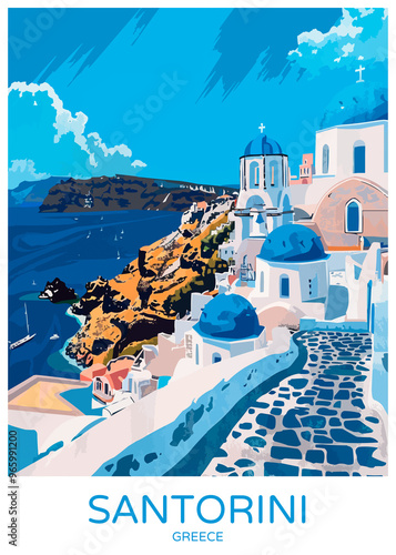 Santorini Greece Poster Illustration Travel Print Decor Gift Paper Canvas Wall Retro Art #965991200