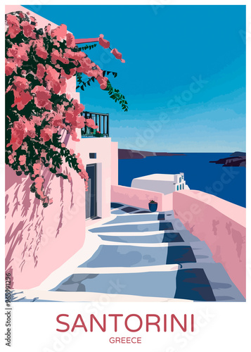 Santorini Greece Poster Illustration Travel Print Decor Gift Paper Canvas Wall Retro Art #965991296