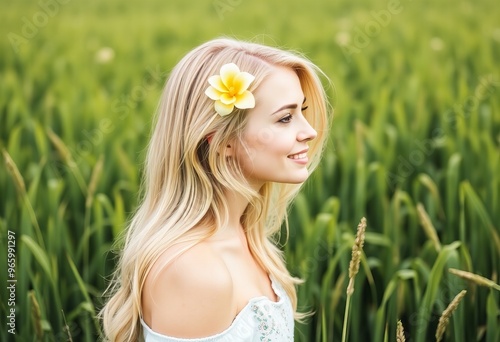 blonde woman with flower in hair standing in field of tall grass.