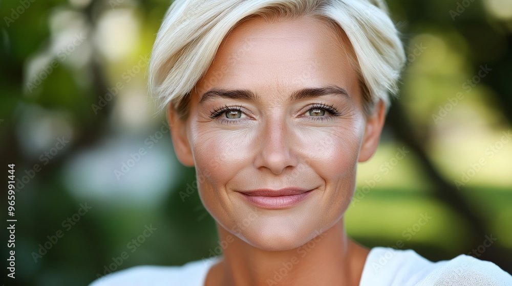 A woman with blonde hair and a white shirt is smiling. She has a light powder on her face A woman with blonde hair and a white shirt is smiling. She has a light powder on her face