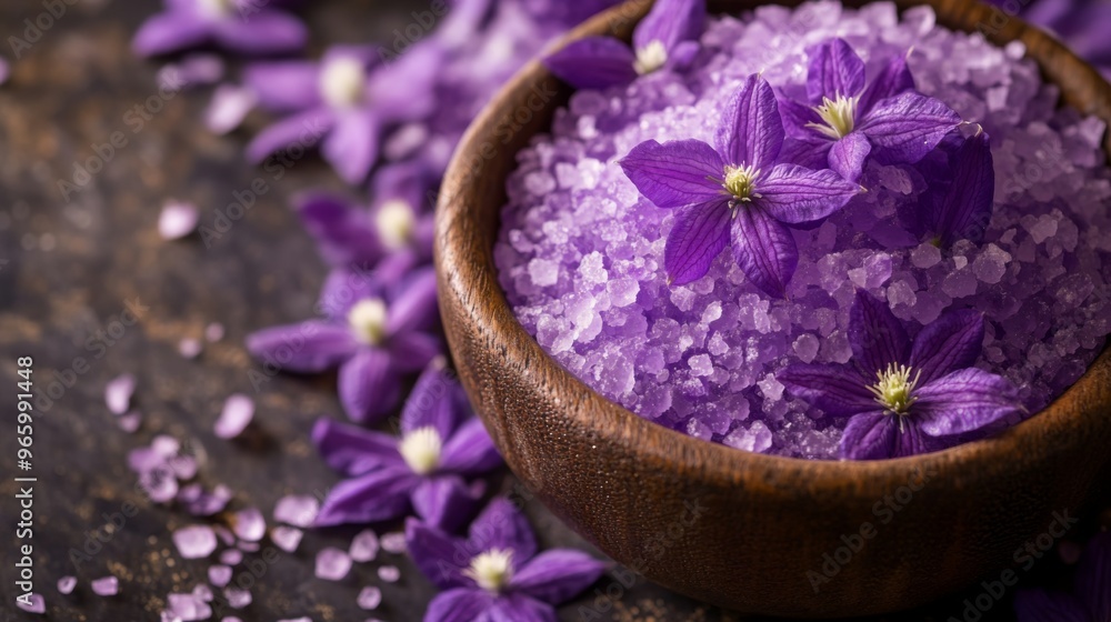 Purple Clematis Spa Salt for Aromatherapy with selective focus ideal for a calming spa experience with copy space Purple Clematis Spa Salt for Aromatherapy with selective focus ideal for a calming spa experience with copy space