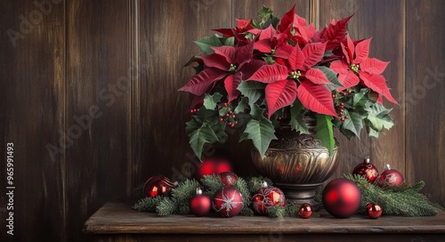 Festive holiday arrangement with red poinsettias and ornaments on a rustic wo...