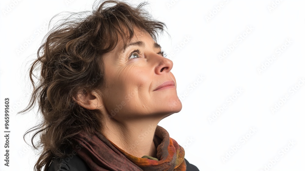 A woman with curly hair and a scarf on her neck is looking up at the sky. She has a smile on her face, and her hair is blowing in the wind. Concept of peace and contentment A woman with curly hair and a scarf on her neck is looking up at the sky. She has a smile on her face, and her hair is blowing in the wind. Concept of peace and contentment