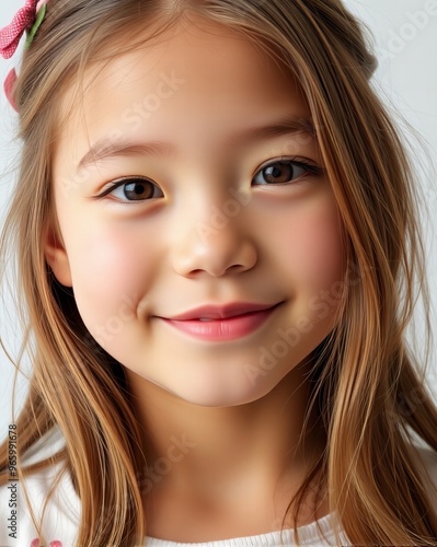  girl with a pink flower in her hair smiling.