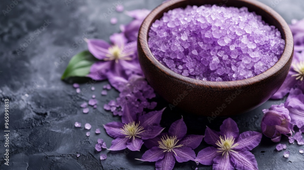 Purple Clematis Spa Salt for Aromatherapy with selective focus ideal for a calming spa experience with copy space Purple Clematis Spa Salt for Aromatherapy with selective focus ideal for a calming spa experience with copy space