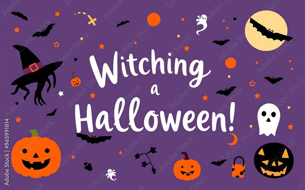 Purple background with orange and black pumpkins, bats and ghosts, a fun Halloween greeting card design.
Purple background with orange and black pumpkins, bats and ghosts, a fun Halloween greeting card design.
