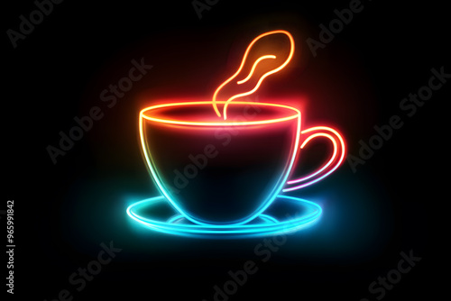 Neon glowing coffee cup illustration isolated on black background photo