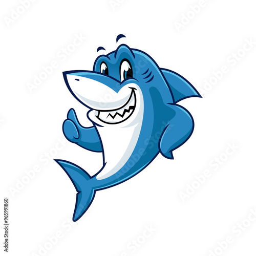 Happy cartoon shark mascot giving a thumbs up gesture on a white background.