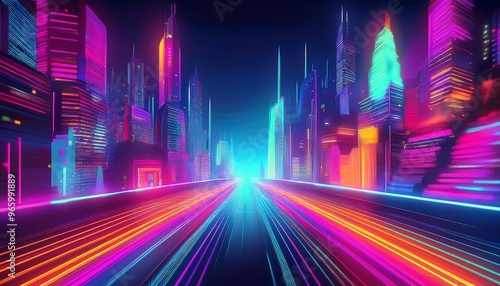 Neon cityscape with glowing lights and futuristic buildings. Abstract digital background with vibrant colors.