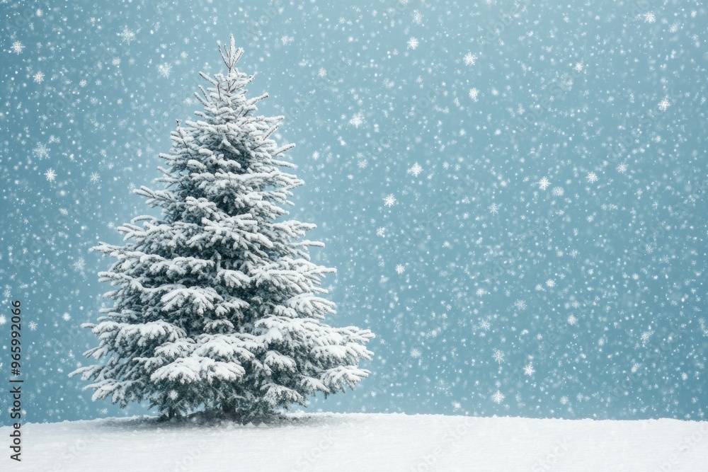 Snow-Covered Pine Tree Against a Snowy Sky Snow-Covered Pine Tree Against a Snowy Sky