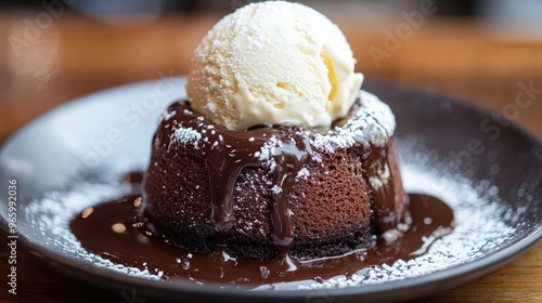 Warm, gooey chocolate lava cake with a scoop of vanilla ice cream on top, oozing chocolate, dusted with powdered sugar