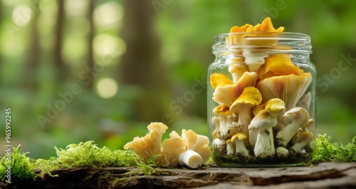 Colorful mushrooms in a glass jar displayed on mossy wood in a forest setting