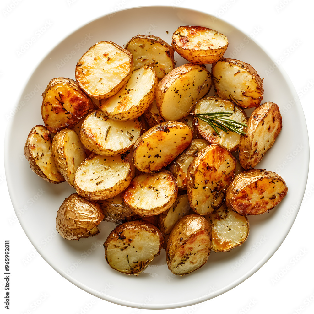 Roasted potato on a plate top view isolated on white background Roasted potato on a plate top view isolated on white background