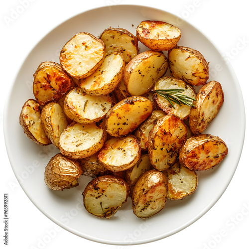 Roasted potato on a plate top view isolated on white background