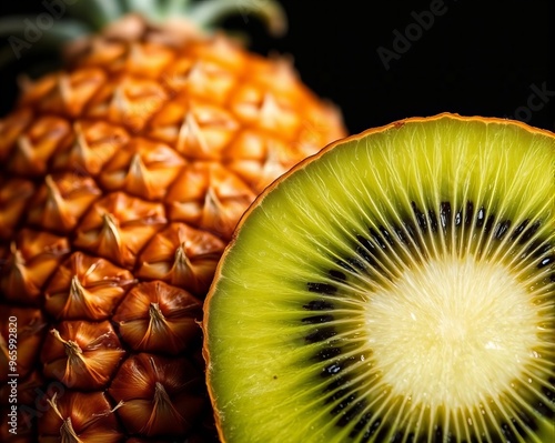 there is a kiwi fruit cut in half and placed on a table.