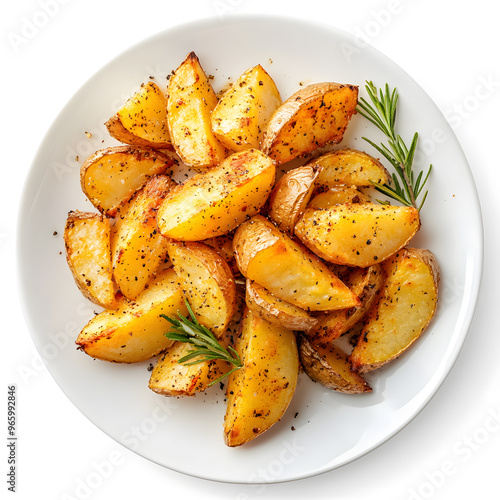 Roasted potato on a plate top view isolated on white background