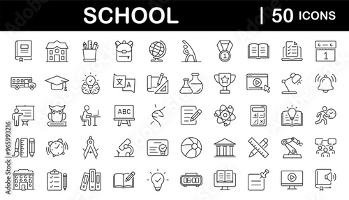 School set of web icons in linear style. Education and knowledge icons for web and mobile app. Back to school. Learning, classroom, students, online education. Vector illustration photo