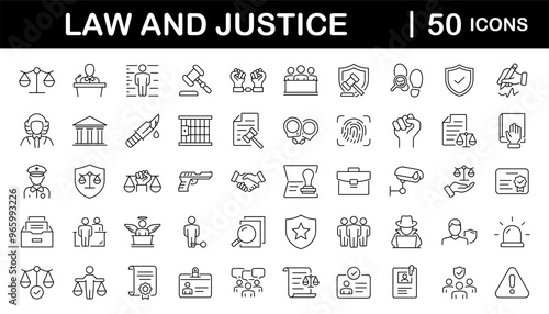 Law and justice set of web icons in linear style. Justice and law icons for web and mobile app. Legal documents. Law, judgement, prison, justice, court legal, lawyer, criminal. Vector illustration