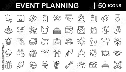 Event planning set of web icons in linear style. Event organisation icons for web and mobile app. Management, wedding, entertainment, catering, invitations, catering, coordination. Vector illustration