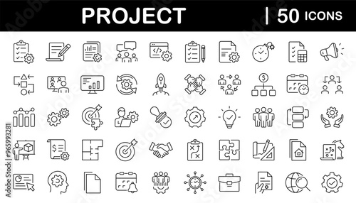 Management set of web icons in linear style. Project management icons for web and mobile app. Business, organisation management, planning, project, startup, marketing, teamwork. Vector illustration