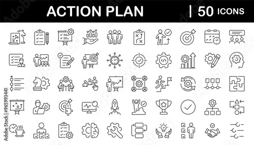 Action plan set of web icons in line style. Strategy action planning  icons for web and mobile app. Containing strategy, analysis, planning, strategy, analysis, tasks, goal, implementation and more