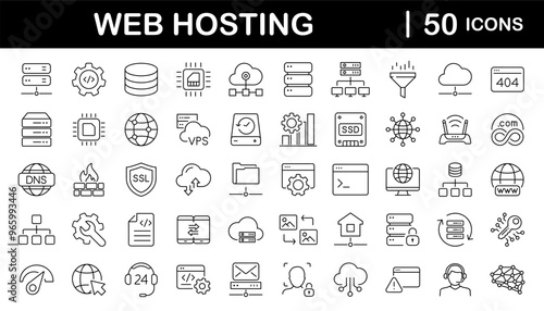 Web hosting set of web icons in line style. Hosting and cloud computing icons for web and mobile app. Containing webspace, data exchange, domain, cloud, website, server, traffic and service and more
