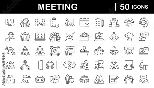 Meeting set of web icons in line style. Live webinar icons for web and mobile app. Containing conference, business meeting, classroom, team, interview, conference, work, discussion and more
