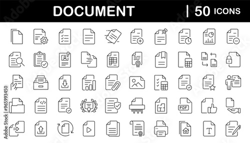 Document set of web icons in line style. Documents linear icon collection. Containing contract papers, folder, certificate, accept, approved, clipboard, invoice, archive and more. Editable stroke