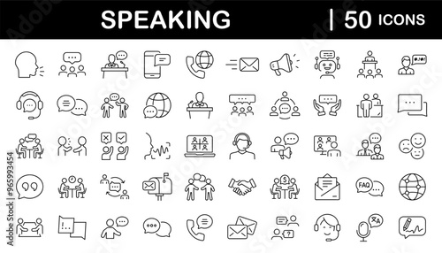 Speaking set of web icons in line style. Communication icons for web and mobile app. Containing people, communication, talking, discussion, speech bubble, team, support and more