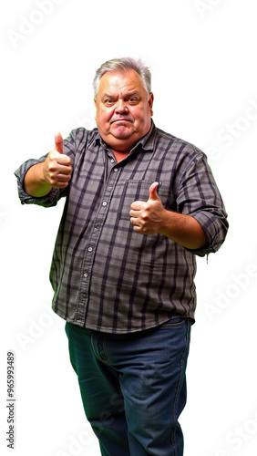 A chubby old man with a sullen face shows a thumbs up