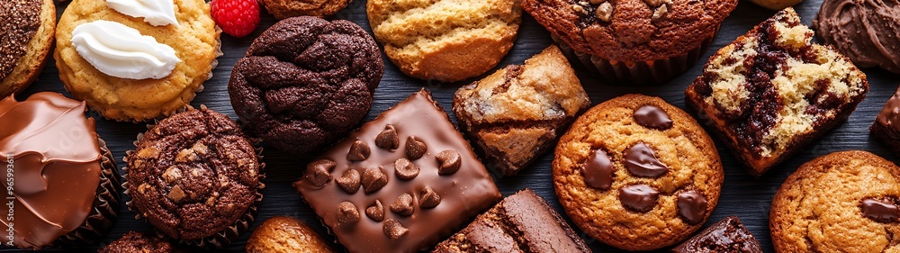 Golden Brown Muffins and Assorted Baked Goods in Vibrant Panoramic Display Golden Brown Muffins and Assorted Baked Goods in Vibrant Panoramic Display