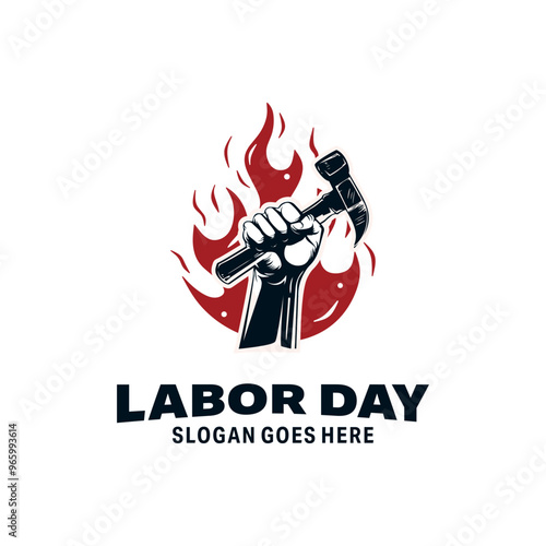 Labor hand holding a hammer labor tool and fire logo