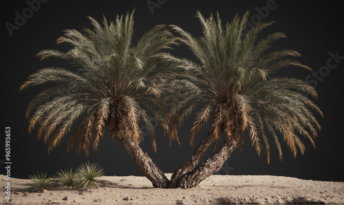 Two palm trees stand side-by-side in a desert landscape photo