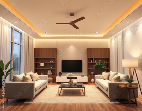  living room with a ceiling fan and a television.