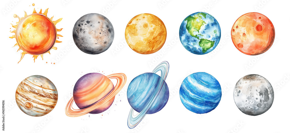 Watercolor Illustration on a white background of the Solar System: The Sun, Mercury, Venus, Earth, Mars, Jupiter, Saturn, Uranus, Neptune. Watercolor Illustration on a white background of the Solar System: The Sun, Mercury, Venus, Earth, Mars, Jupiter, Saturn, Uranus, Neptune.