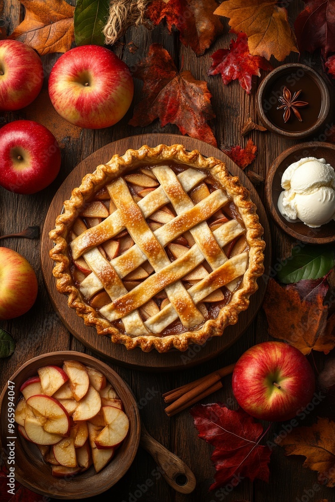 Apple Pie: A freshly baked apple pie with a beautifully crafted lattice crust, served on a rustic table with fresh apples, cinnamon sticks. Apple Pie: A freshly baked apple pie with a beautifully crafted lattice crust, served on a rustic table with fresh apples, cinnamon sticks.