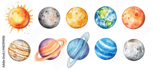 Watercolor Illustration on a white background of the Solar System: The Sun, Mercury, Venus, Earth, Mars, Jupiter, Saturn, Uranus, Neptune.