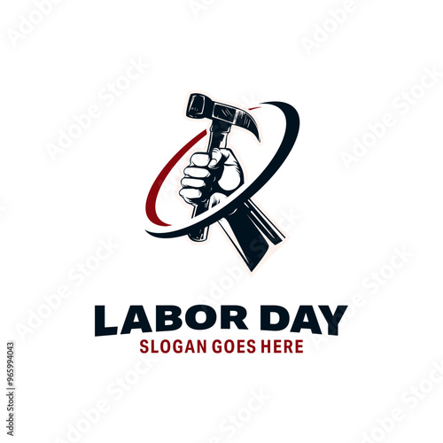 Labor hand holding a hammer labor tool logo
