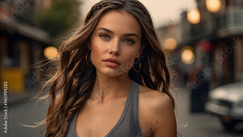 Portrait of a woman with blonde hair and blue eyes making direct eye contact, perfect for beauty or lifestyle concepts.