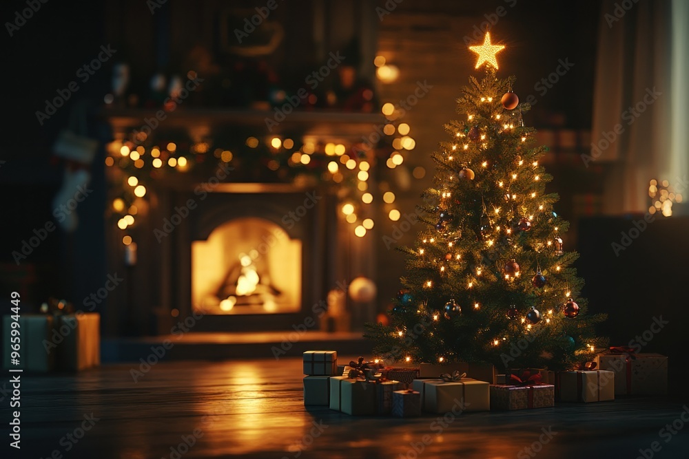 Decorated Christmas Tree with Gifts and Fireplace in Background Decorated Christmas Tree with Gifts and Fireplace in Background